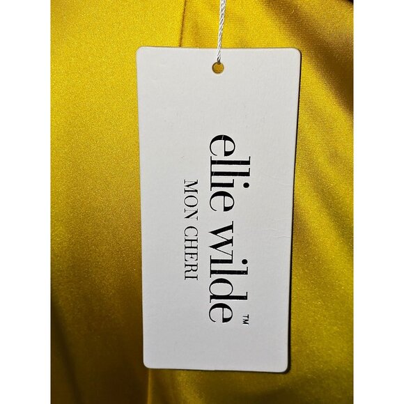 NWT Ellie Wilde Mon Cheri Sunflower Yellow Satin Long Prom Dress Size 16 1751 - Picture 11 of 16